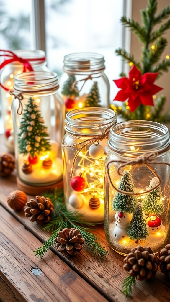Decorated glass jars with Christmas themes, including faux snow and ornaments, on a wooden table with pinecones.